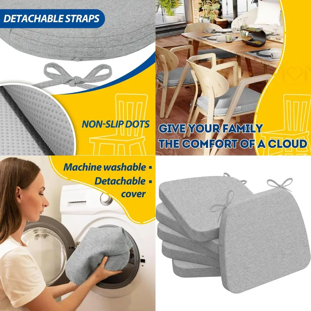 

Набор из 6 шт., 17x16 светло-серых 2 толстых подушек для обеденного стула с завязками и съемными моющимися чехлами