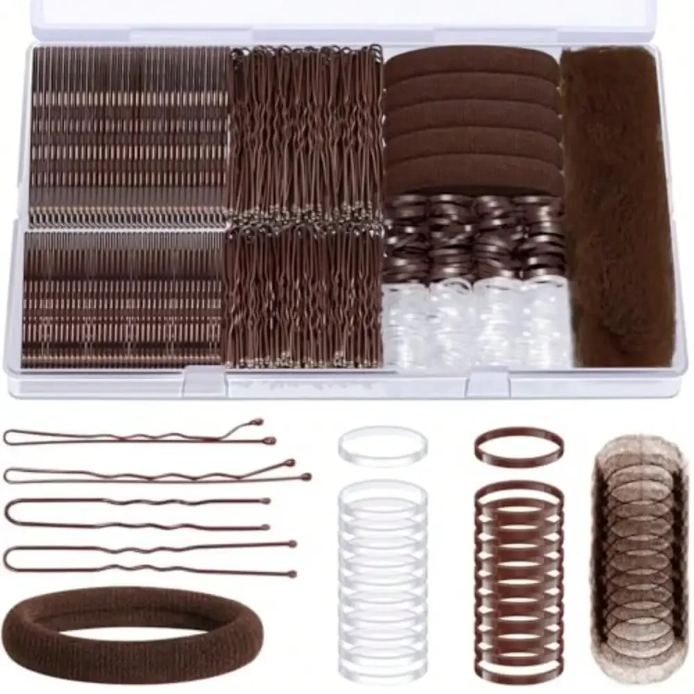 

415pcs Bobby Pins Hair Pins Set 200pcs U Shaped Pins And Elastic Hair Ties For Women With Hair Net Brown