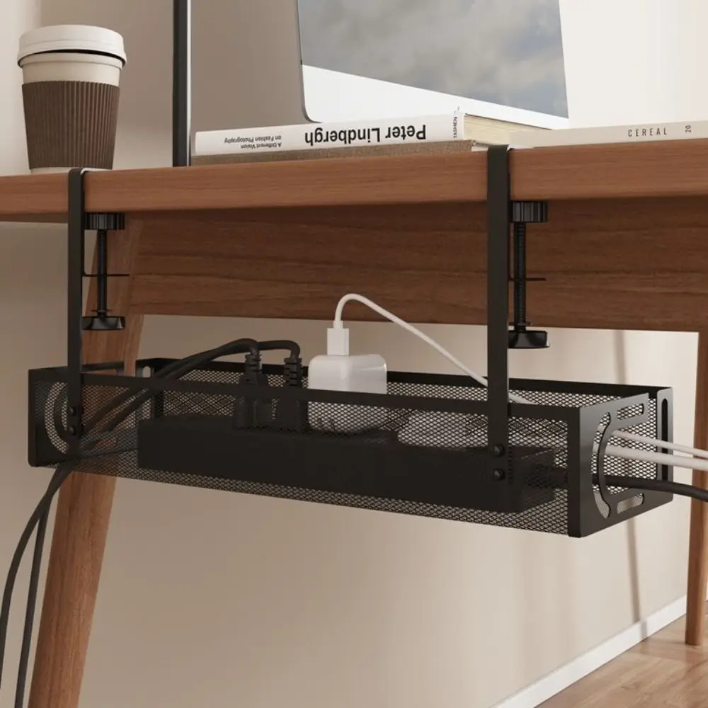 Durable Metal Under Desk Box Tray Clamp Mount No Punching Wire Management Cable Tray Box Storage Rack Cord Organizer Kitchen