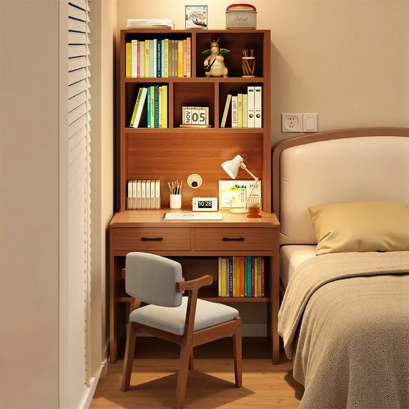 Solid Wood Computer Desk with Bookshelf Household Writing Table for Bedroom Small Apartment Storage Cabinet Locker Learning