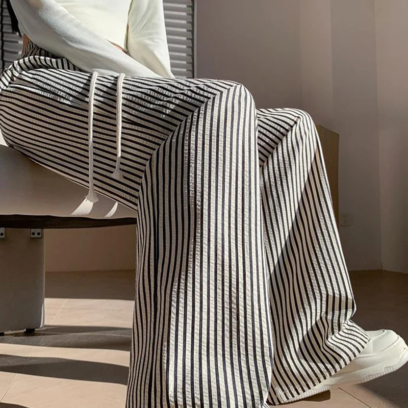 Vertical Striped High Waisted Drawstring Loose Fashionable Casual Pants For Women