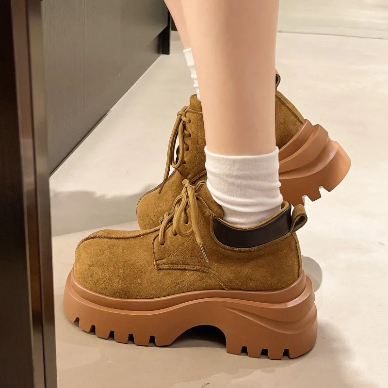 New Women Shoes Designer Large Head Platform Shoes Suede Casual Footwear Lace Up Platform Single Shoes British Style Short Boots