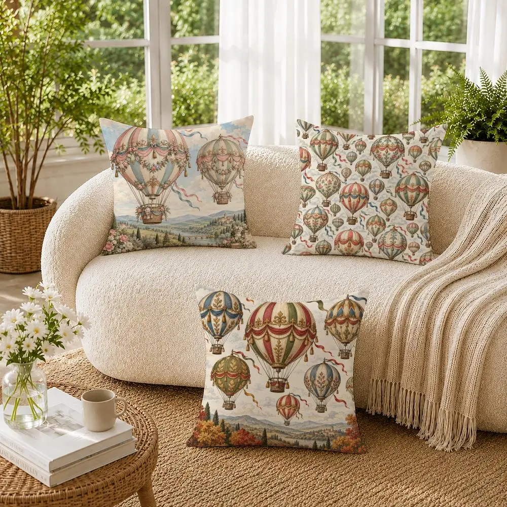 Hot Air Balloons18th-Century Vintage Cushion Cover Soft Pillow Cases Hidden Zipper Cutecore Sofa Bedroom Home Decor Gift