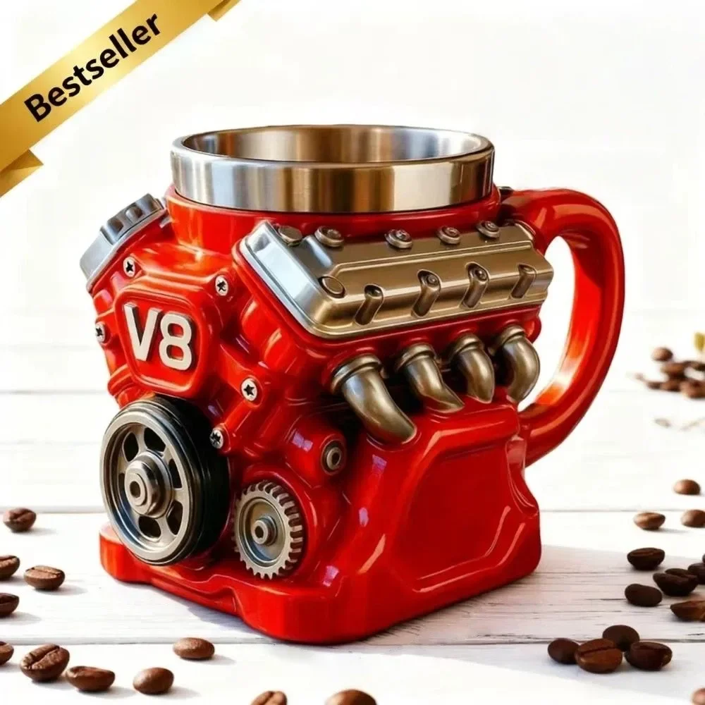

Retro V8 Engine Stainless Steel Coffee Mug, Double Wall Insulated Car Cup with Handle, Personalized Christmas Gift Mug