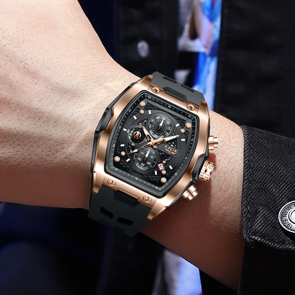LIGE Men\'s Quartz Multifunction Watches Fashion Sports Chronograph 5ATM Waterproof Silicone Band Casual Man Wrist Watch For Men