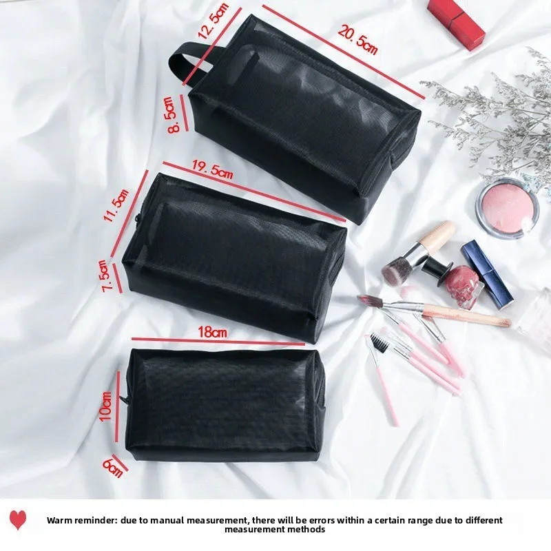 Multi-Size Black Mesh Cosmetic Bag Travel Toiletry Organizer for Women, Portable Zipper Makeup Pouch Washable Storage Bag