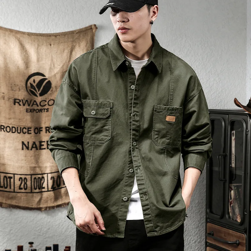 American Retro Baggy Cargo Shirts for Men Fashion Spring Autumn Men's Long Sleeved Shirt Jacket Coat Y2k Japan Korean Streetwear