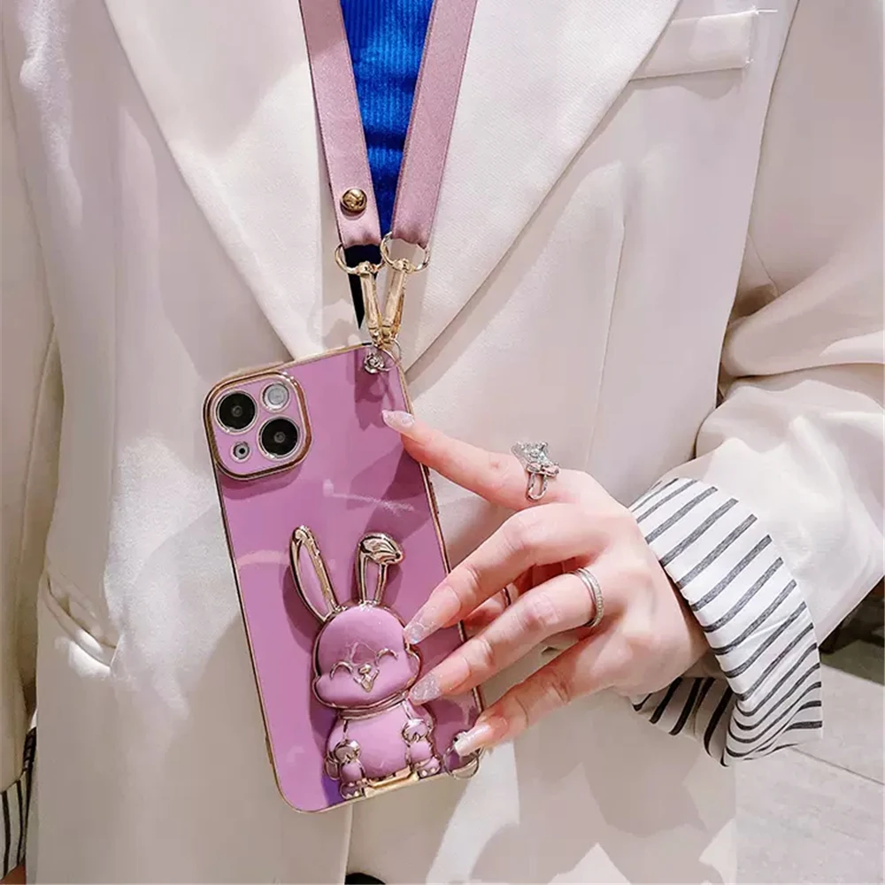 Rabbit Holder Plating Phone Bracket Case For Samsung Galaxy A51 A71 A31 A21S A31 A11 A10 A20 A30 Crossbody Lanyard Strap Cover