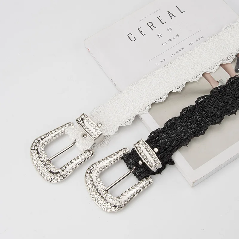 女性のファッションレースダイヤモンド本革ベルト装飾ジーンズドレスベルト