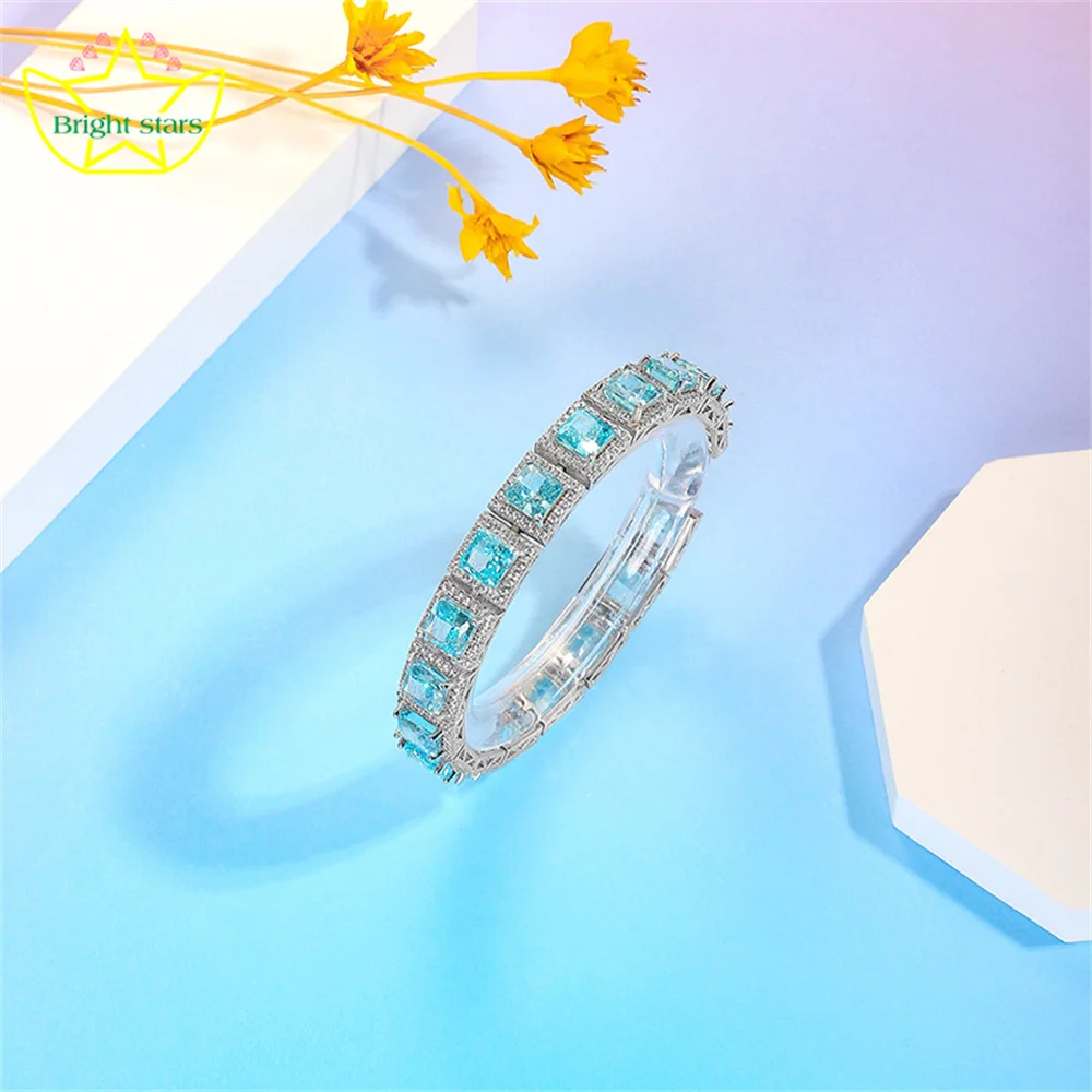 Bright Stars Sweetheart Square Diamond sea blue Jewel Bracelet 925 silver rock sugar Zircon diamond bracelet