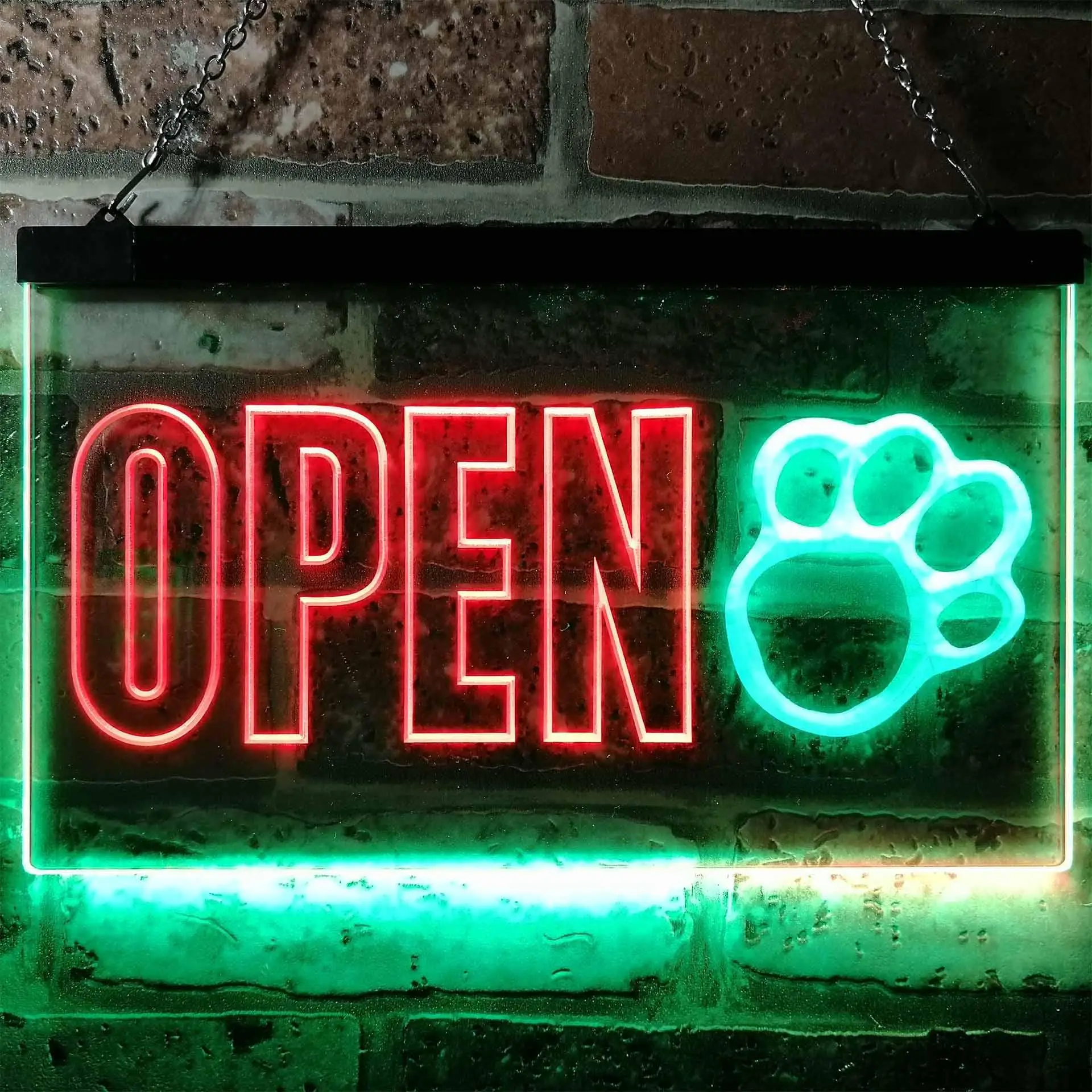 OPEN. with Dog Paw Print. Pet Grooming Dual Color Led Neon Sign st6-j0792