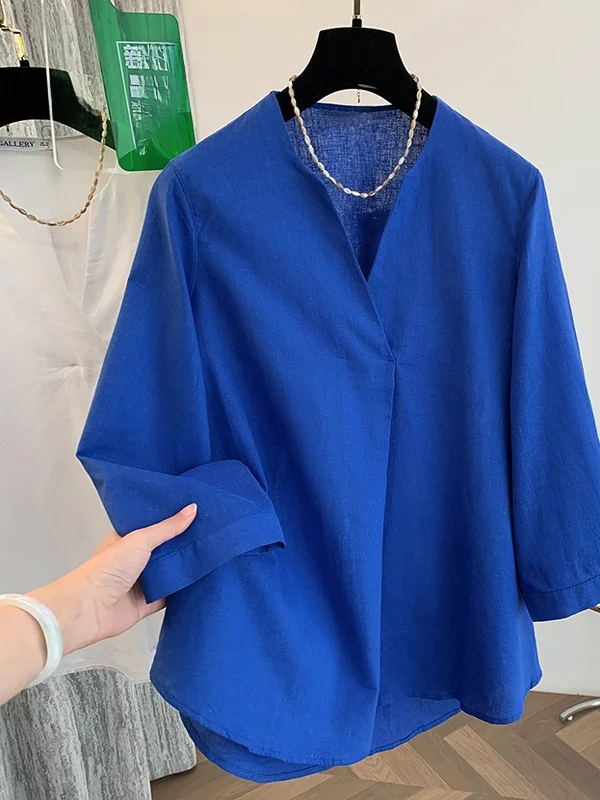 قميص نسائي فضفاض بأكمام طويلة من الكتان باللون الأزرق الفاتح، قميص ربيعي برقبة على شكل V، قميص مريح للحماية من الشمس، قميص قط... #3