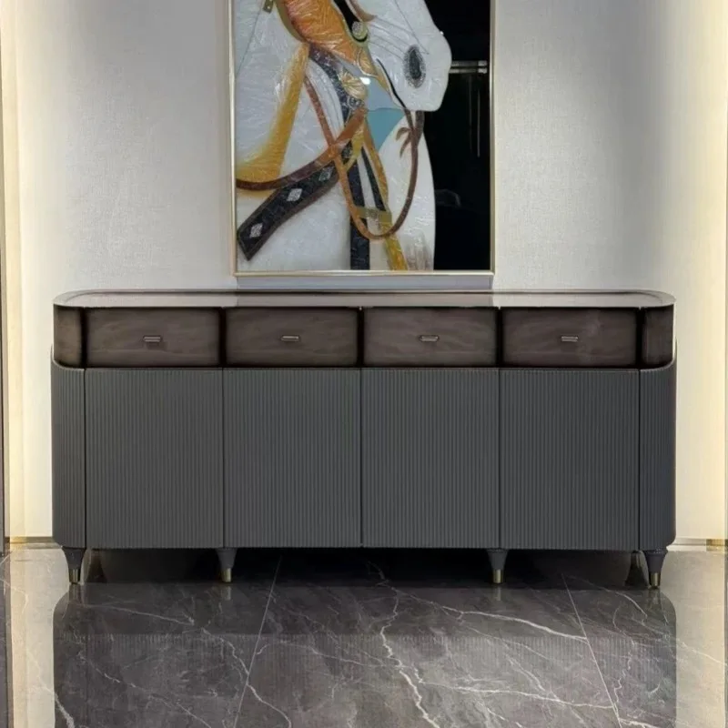 Italian large flat leather sofa light luxury villa living room