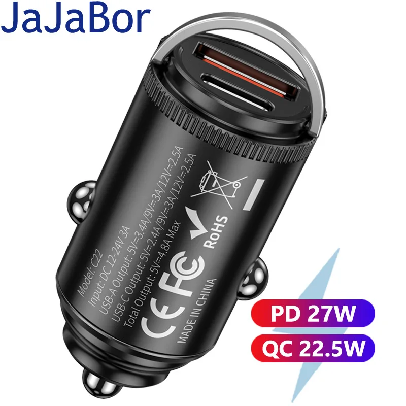 JaJaBor Car Charger Invisible Small Pull Ring Mini QC3.0 PD 27W Fast Charging Phone Charger Power Adapter for IPhone Xiaomi