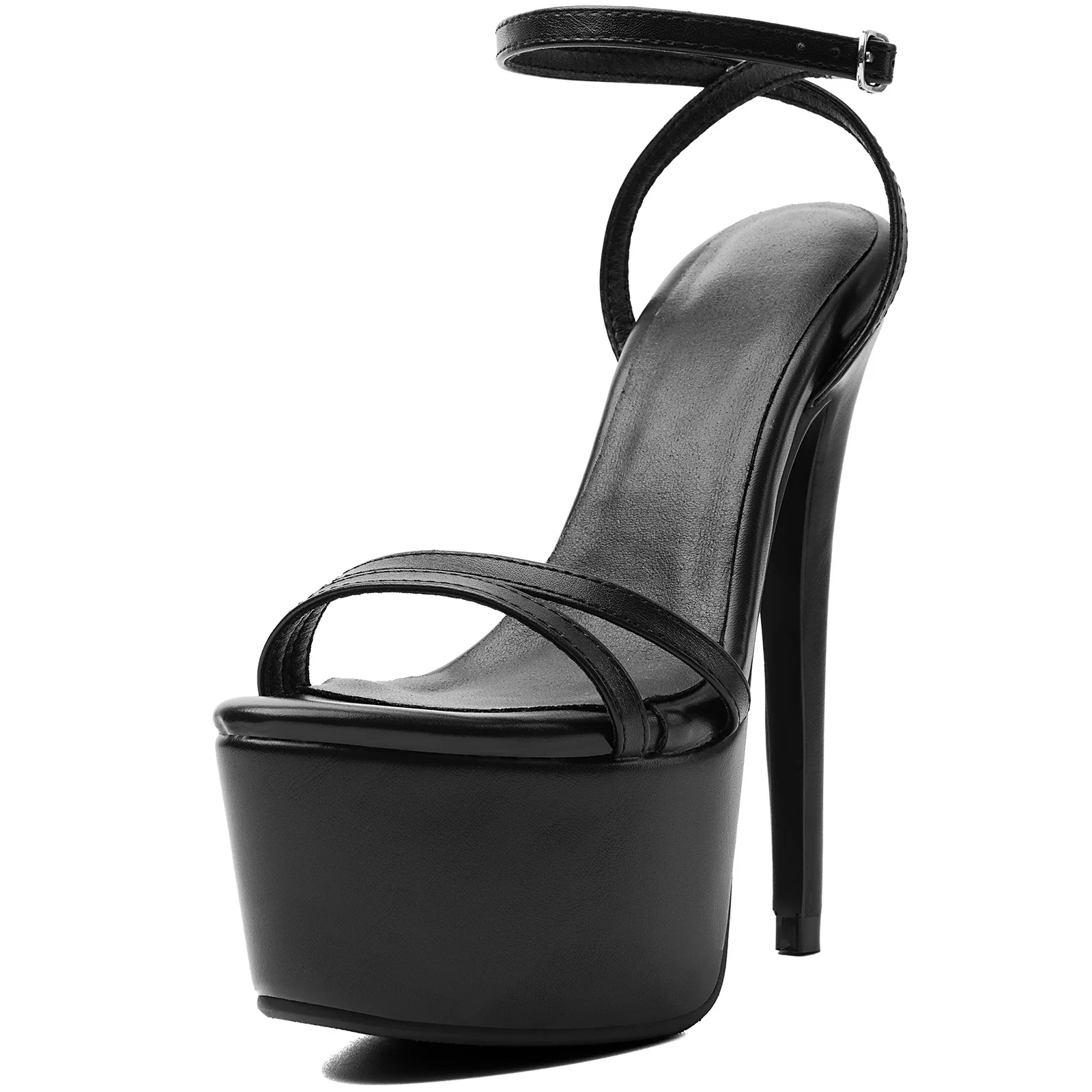 Olomm Women Black Double Thin Strap Platform Stiletto Sandals Open Toe Ankle Adjustable Buckle Super High Heels Nightclub Shoes