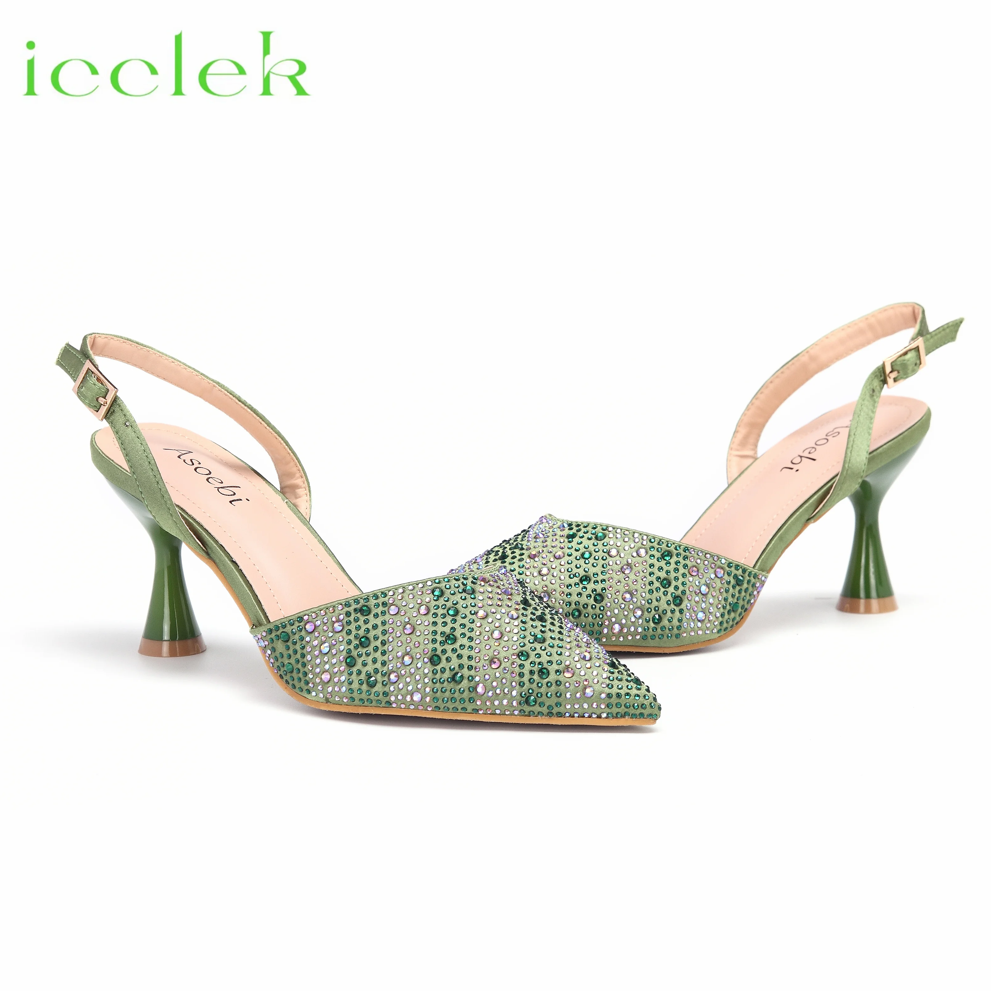 New Arrival Special Olive Green Pointed Toe Thin Heel with Rhinestones Design Shoes and Bag Set For Women Party