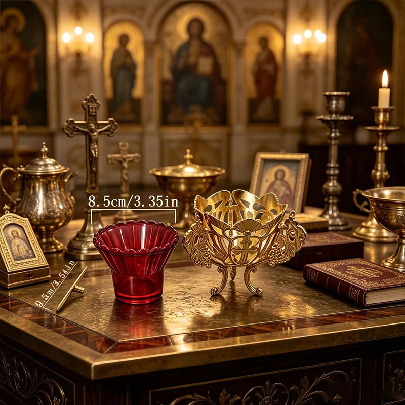 Gold Plated Orthodox Catholic Vigil Lamp with Cross Carvings and Red Glass Cup for Church Liturgy Home Altar Devotion Christian