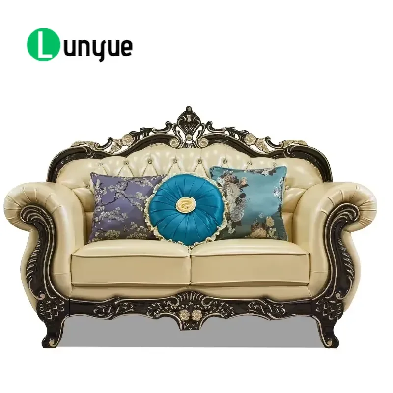 European Genuine Leather Sofa Set Solid Wood Frame Hand Carved Craft for Apartment Living Room Hotel Villa Luxury Furniture