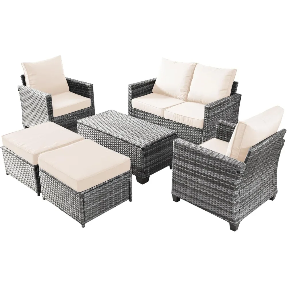 

6 Piece Rattan Outdoor Patio Furniture Set with Storage Box, Weather-Resistant Outdoor Rattan Wicker Conversation Set