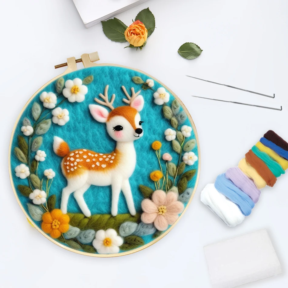 SDOYUNO DIY Wool Felting Painting With Embroidery Kit Creative Diy Flower Animal Wool Needle Felt Set with Felt for Home Decor