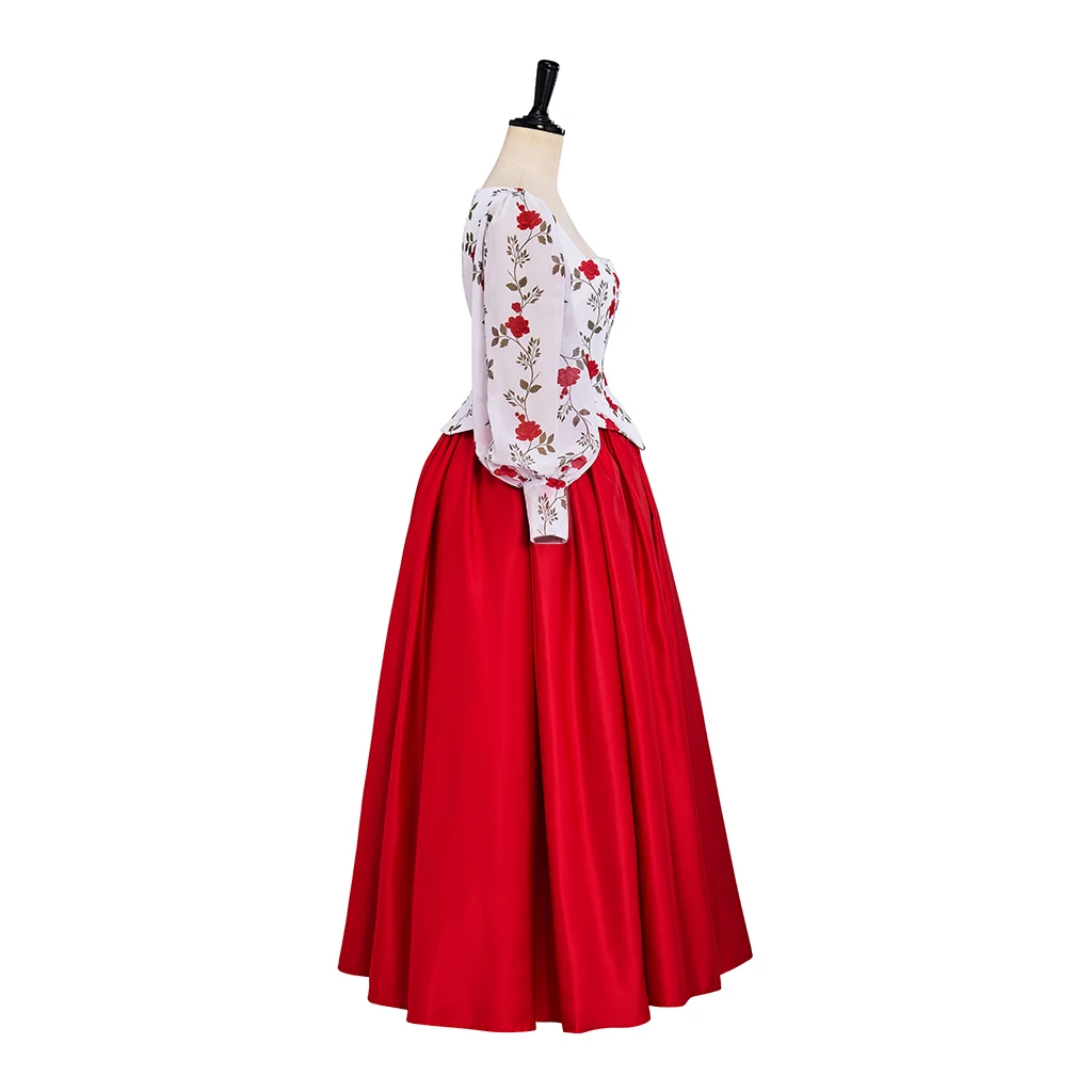 Disfraz de Cosplay de la época renacentista, con estampado de rosas, falda larga roja, conjunto de disfraz medieval victoriano para mujer.