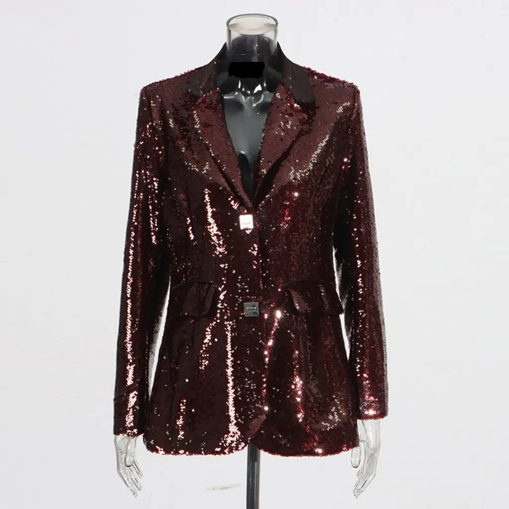Women's Sequin Design Slimming Suit Jacket V-Neck Square Buckle European And American Style Spring New Top for Women