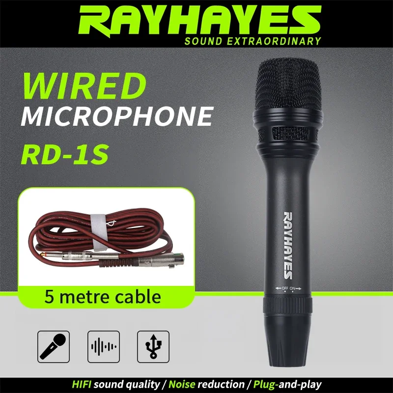RAYHAYES RD-1S All-Metal Wired Dynamic Microphone Black exterior comfortable grip suitable for karaoke and outdoor performances