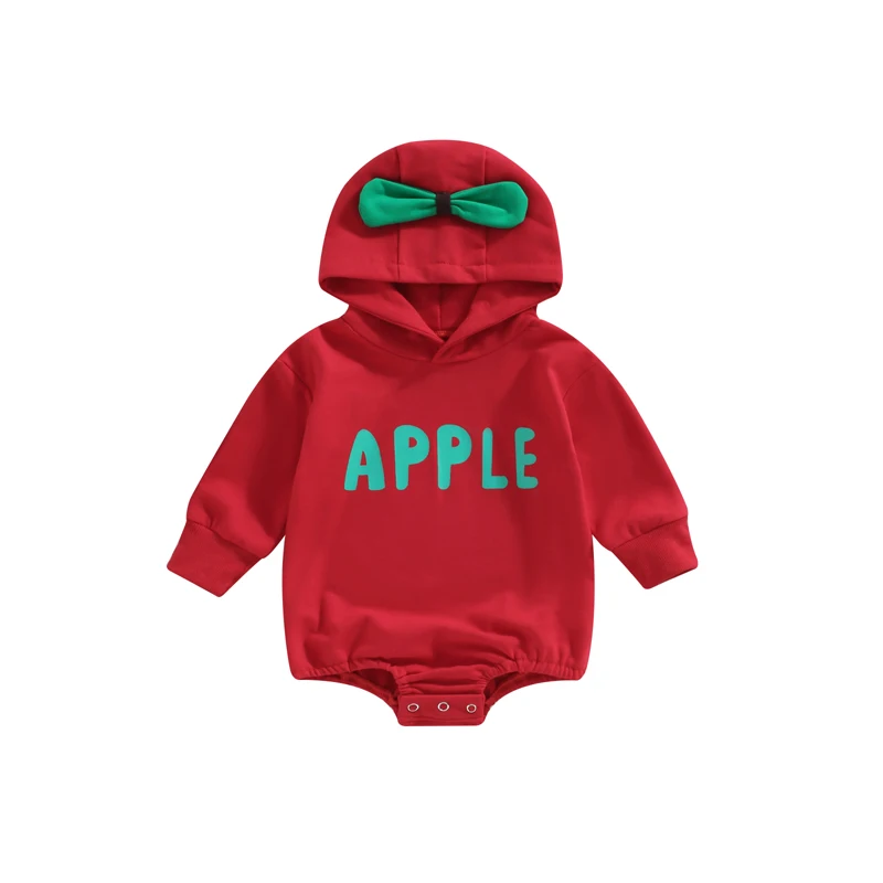 Baby Boys Girls Apple Costume Apple Letters Print Hooded Long-Sleeves Short Jumpsuit Rompers Fall Clothes