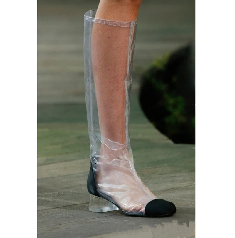 Black white toe patchwork Transparent Thigh Boots Clear PVC Knee Boots women Lucency Crystal Heels Woman slip on Long Boots