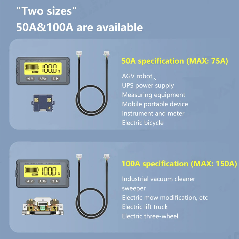 TY23 Battery Tester 50A 100A Coulomb Counter Meter Capacity Indicator 8V- 120V Li-ion Voltage/current/percentage/capacity Detect