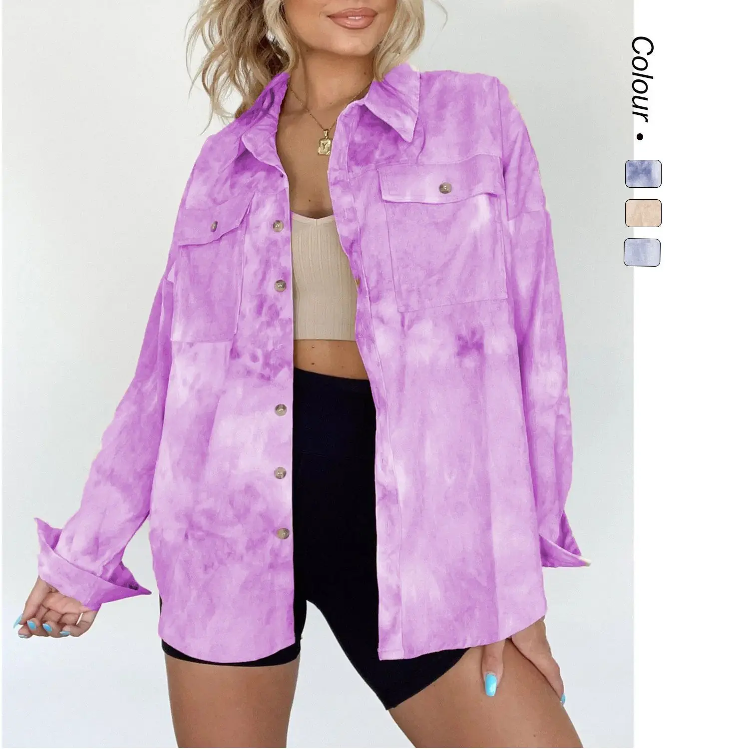 سترة غير رسمية بأكمام طويلة وصبغ التعادل 25 قميص فضفاض كوري جديد للخريف للنساء 22226