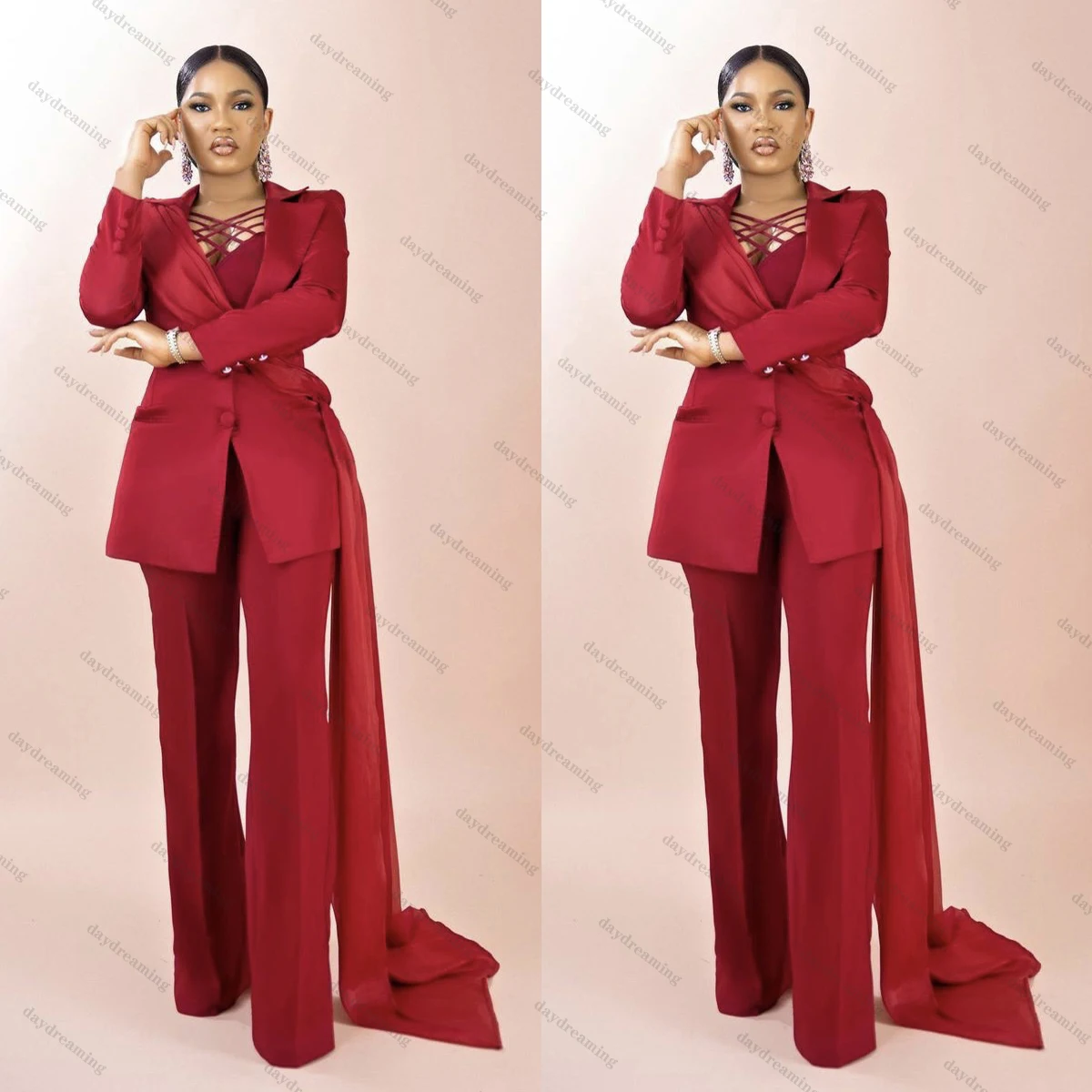 Red Mother of Bride Dresses Single Breasted African Jacket With Train Casual Women Blazer 2 Piece Set