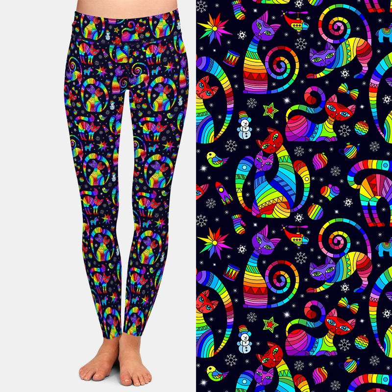 LETSFIND-pantalones ajustados cómodos para mujer, Leggings completos elásticos de cintura alta con estampado 3D de gatos brillantes y juguetes