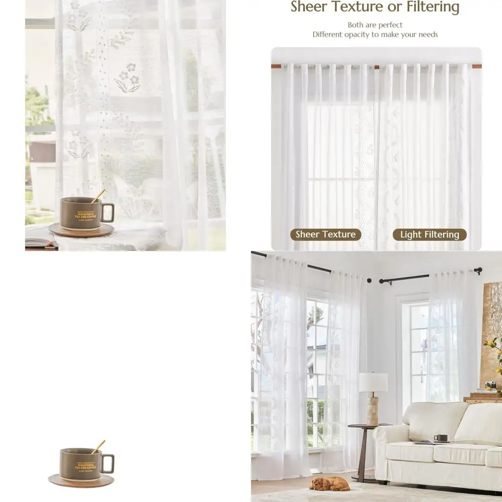 

White 96 Sheer Voile Curtains with Embroidered Florals for Living Room, Light Filtering Rod Pocket Panels, Farmhouse Style