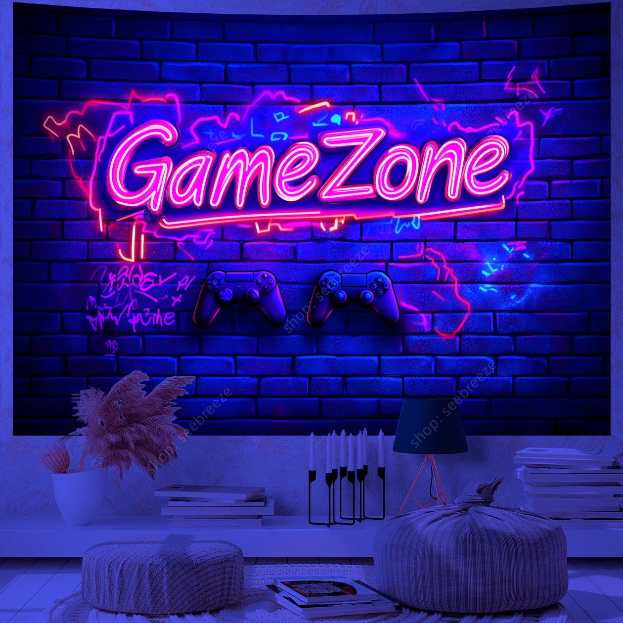 Game Over Game Zone UV Reactive Tapestry E-Sports Room Game Controller Tapestry Hippie Tapiz Neon Background Room Wall Decor
