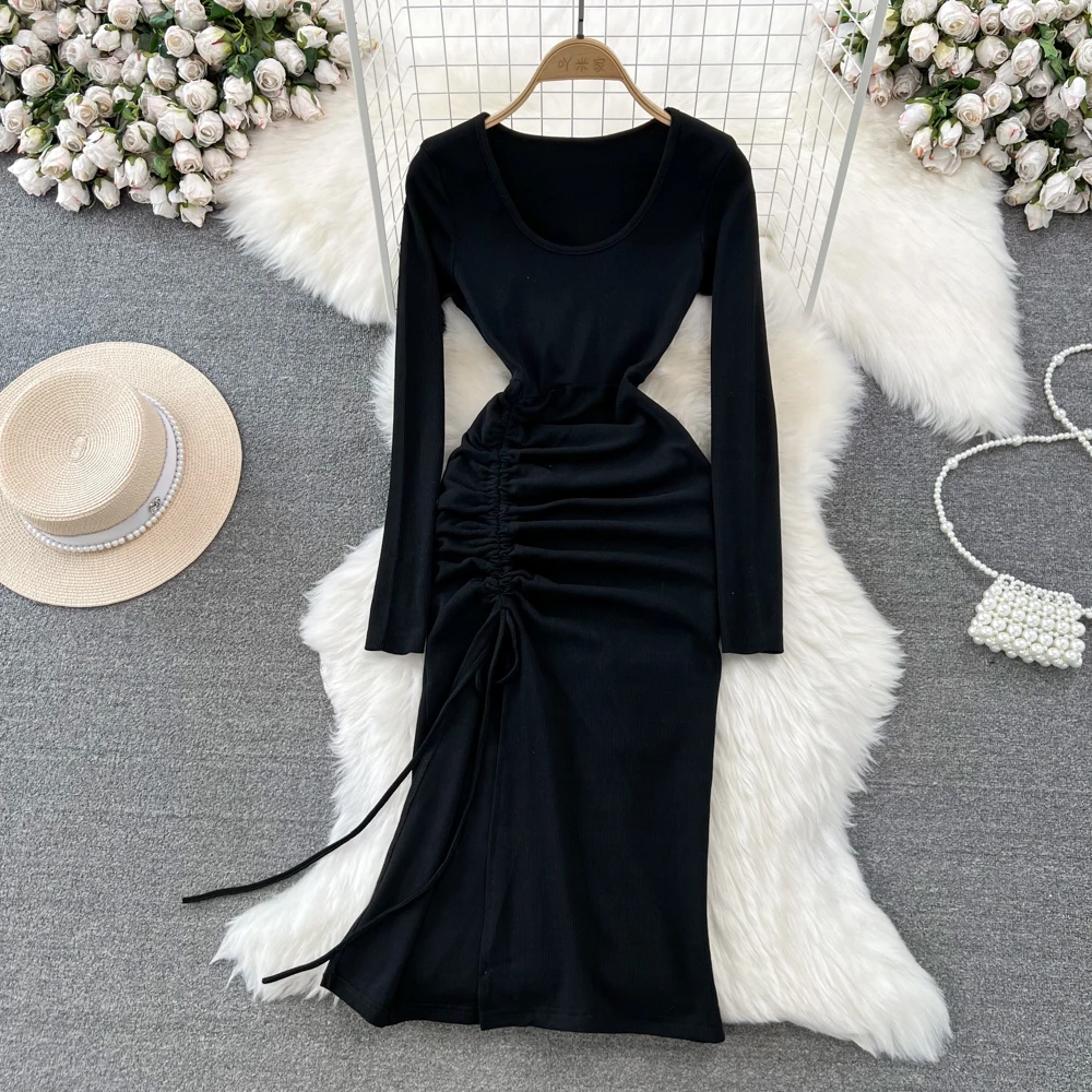 Casual Women Long Sleeve T Shirt Dress Solid Color O Neck Drawstring Lace Up Ruched Split Autumn Bodycon Midi Dress Streetwear