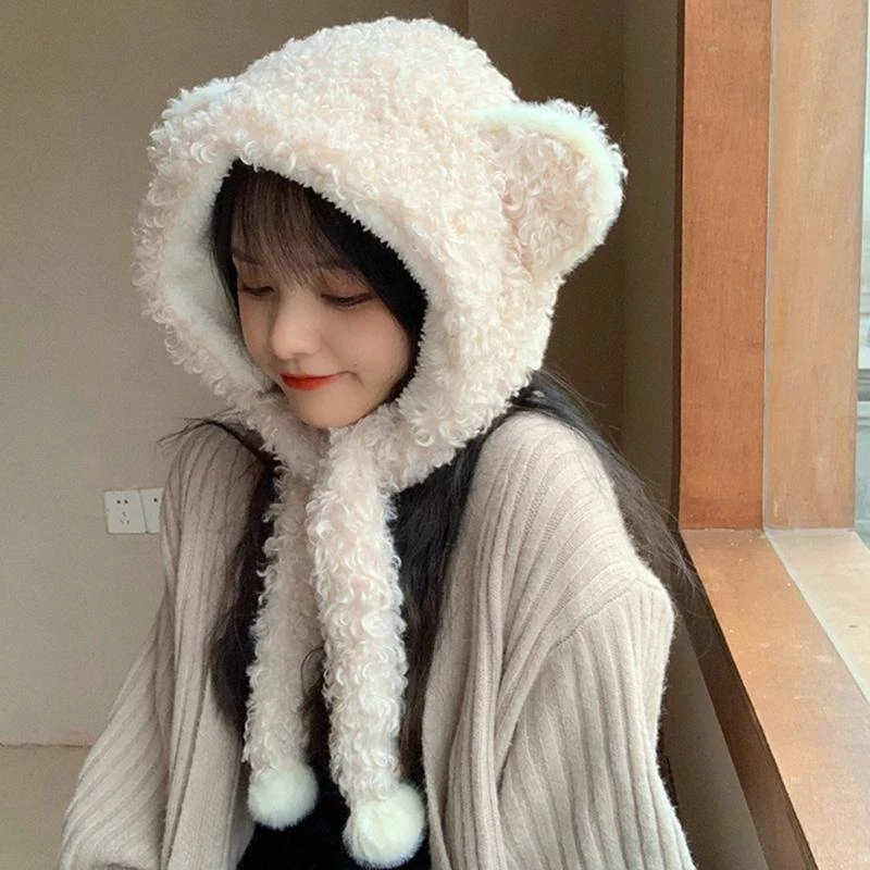 Dulce lindo oso/orejas conejo sombrero con bufanda 2 en 1 peludo leifeng sombrero diadema gorra para hombres mujeres niñas a