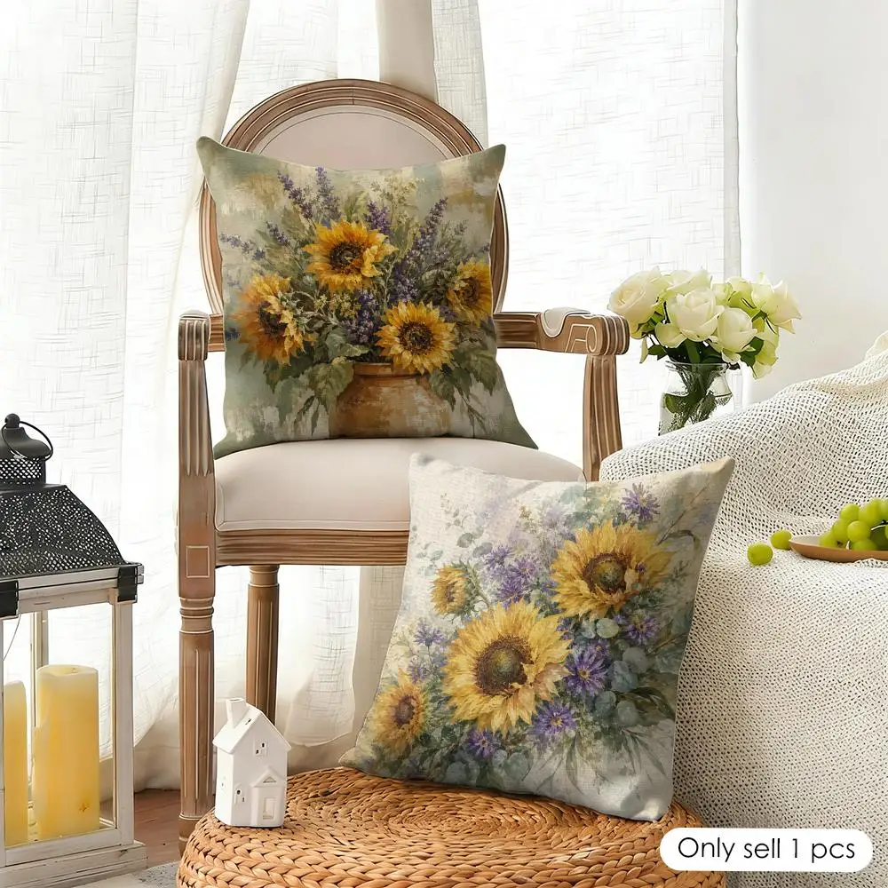Vintage Oil Painting Sunflower Botanical Cushion Cover Natural Linen Fabric Double-Sided Printing Breathable For Home Decor