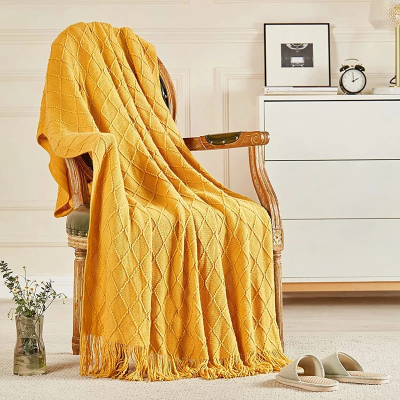 Vintage Textured Knitted Throw Blanket Lightweight Soft Cozy Tassel Decorative Farmhouse Warm Travel Blanket Christmas Gift