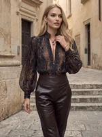 Women's Stand Collar Long Sleeve Blouse Retro Print Split V Neck Lantern Sleeve Loose Relaxed Fit Casual Ladies Shirt 2