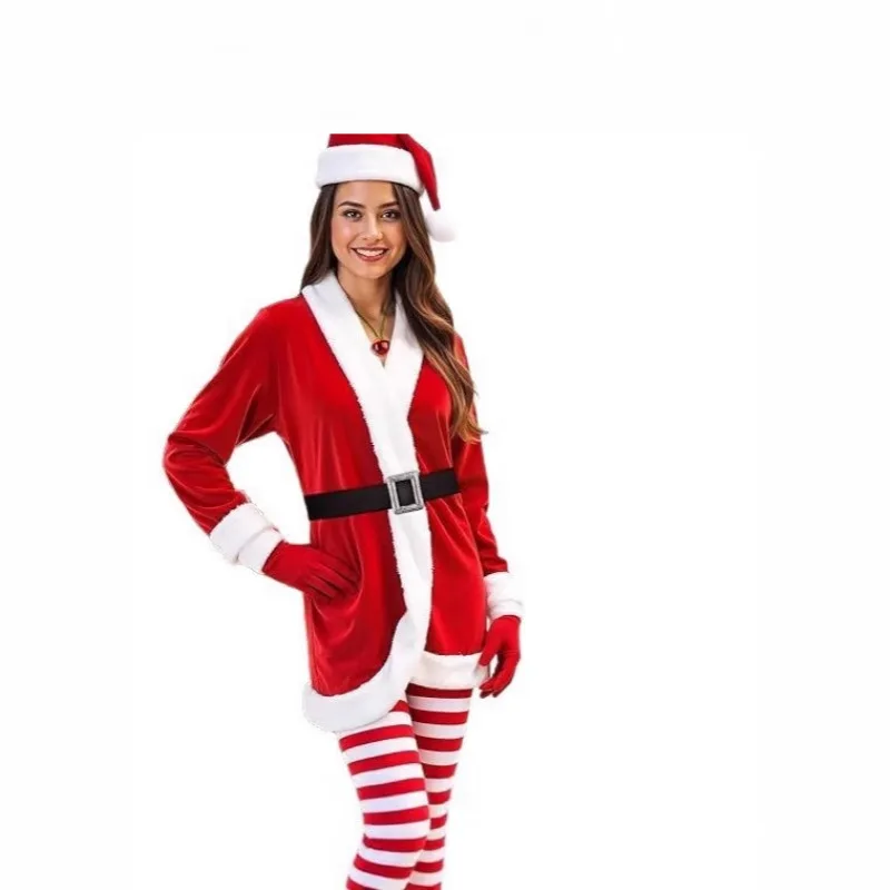Женское красное платье Санта-Клауса, костюм для рождественского выступления, праздничное платье для взрослых с плюшевым декором