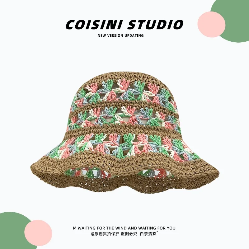Mori Colored Hollow Flowers Woven Bucket Hats for Women Spring Summer Seaside Holiday Sun Protection Versatile Fresh Sun Hat