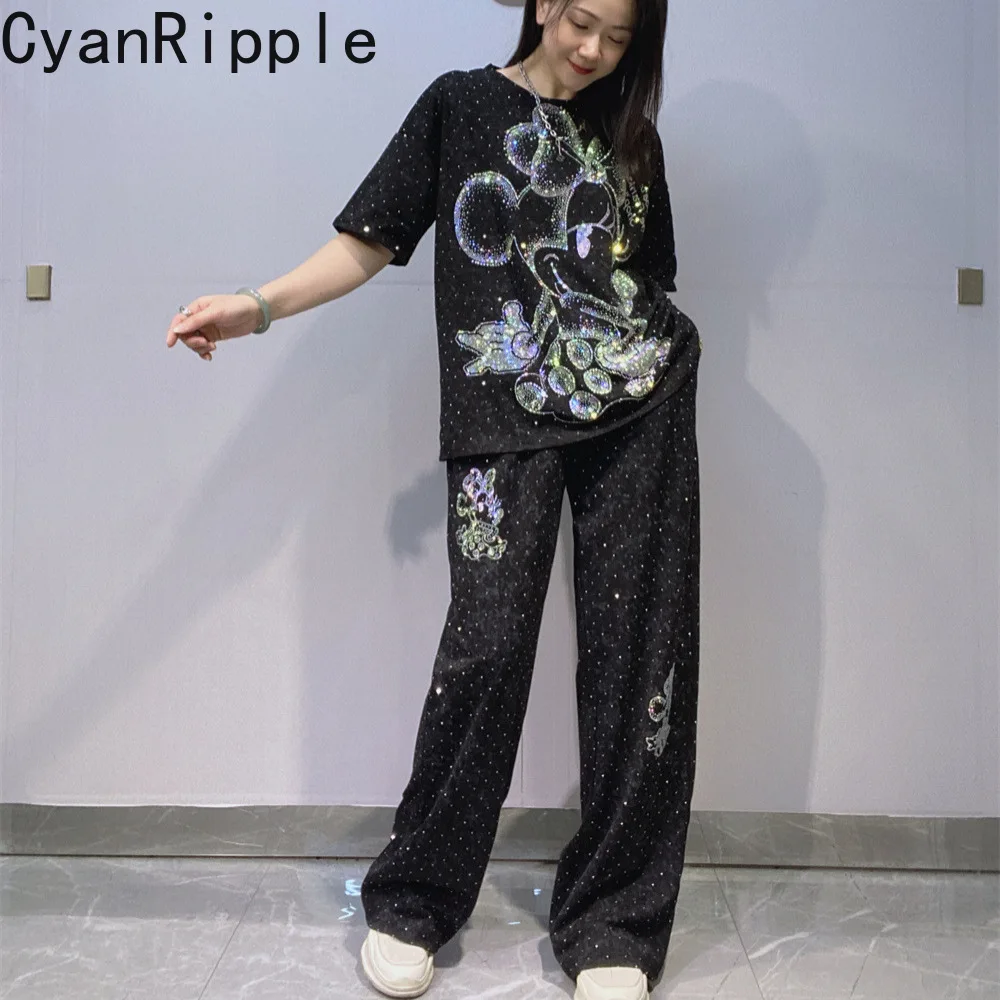 

Fashionable Spring Summer Women Sets Shiny Diamonds Mickey Loose Short Sleeve T-shirt Top + Elastic Waist Casual Wide Leg Pants