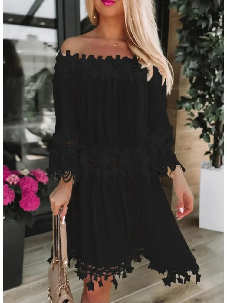 Women's Autumn White Tube Top One Shoulder Dress Women's Hollow Floral Lace Loose Fashion Casual Ladies Clothing