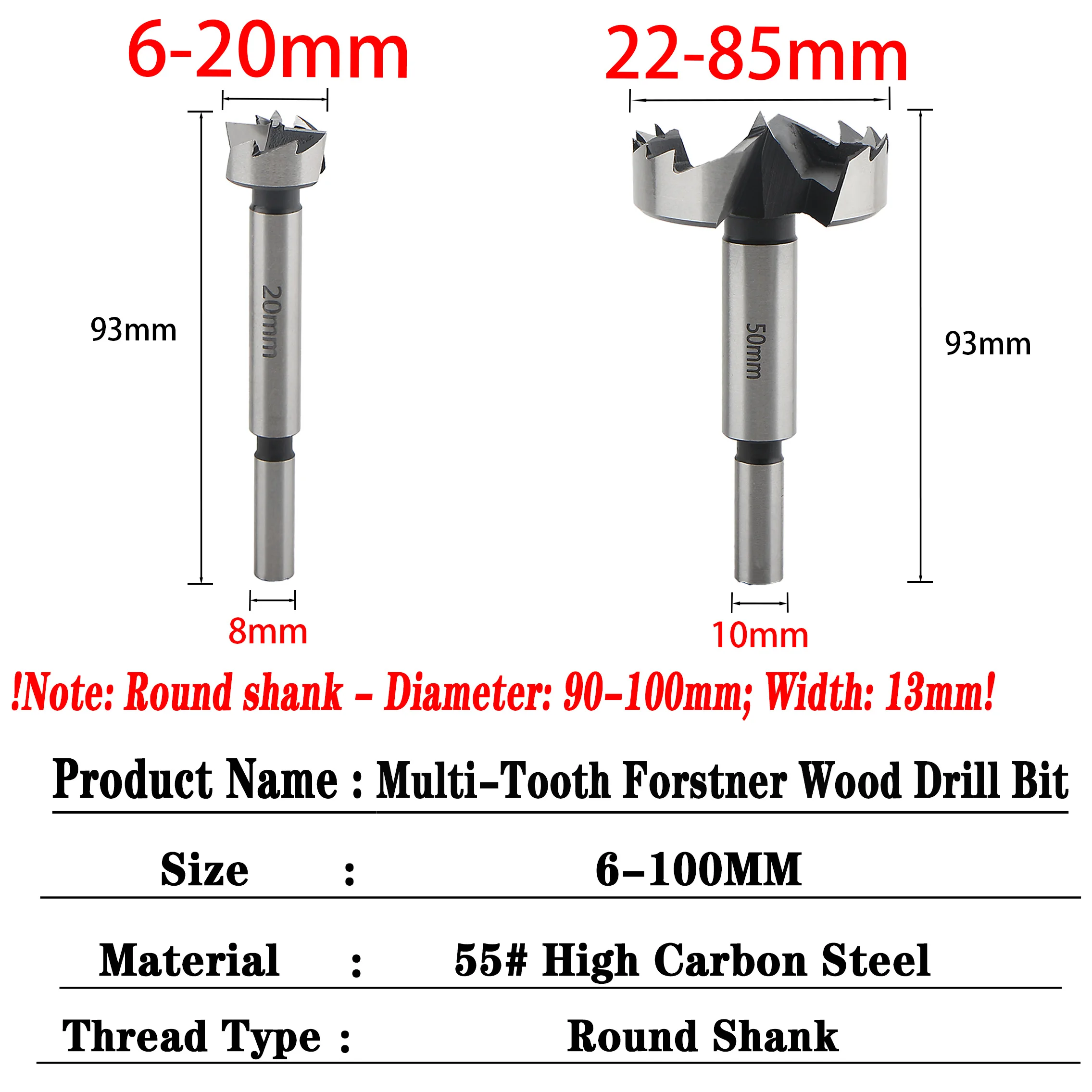 2 pçs haste redonda 6-100mm forstner broca multi-dente buraco de madeira viu madeira auto centralização dobradiça chato cortador de aço de alto carbono