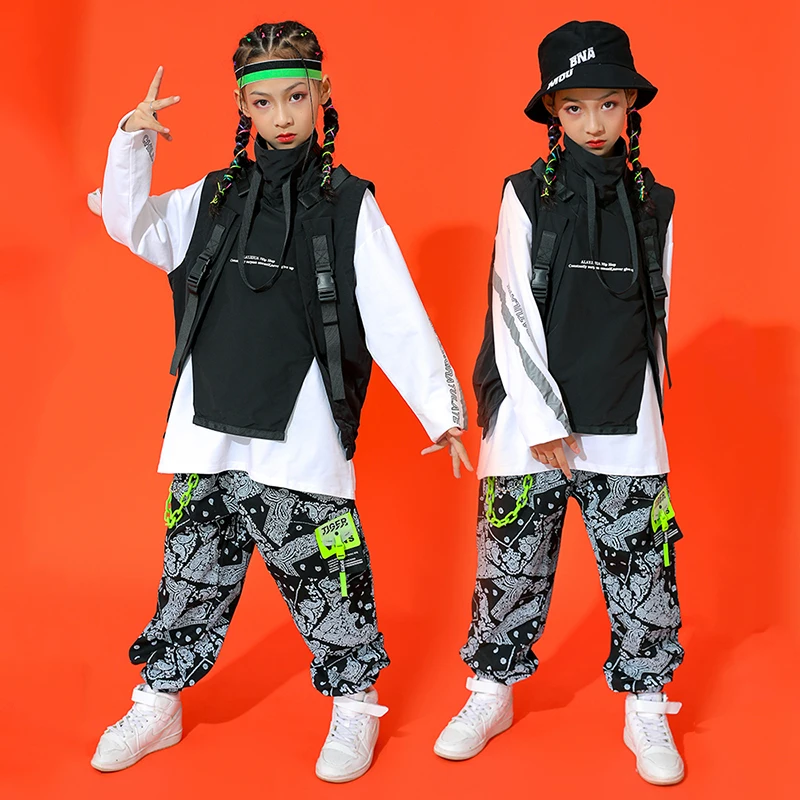 Nieuwe Kids Hiphop Dance Kostuum Jongens Meisjes Jazz Performance Kleding Zwart Vest Print Broek Losse Street Dance Kleding Bl7224