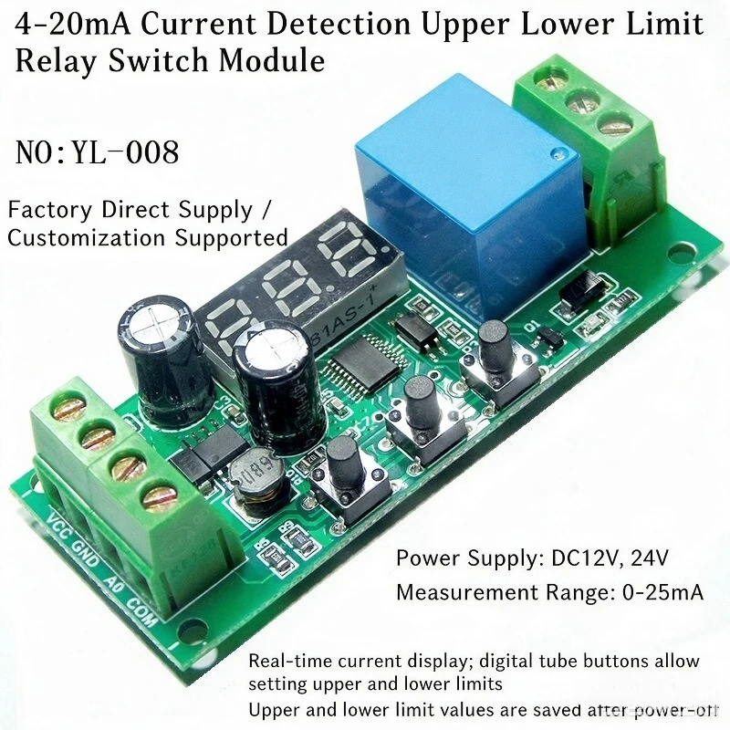 4-20mA Current Detection Module with Digital Display, Upper & Lower Limit Setting Relay Switch Control