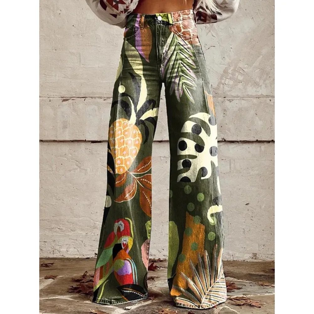 Damen Boho Blumenmuster High-Waist Weite Hose Retro Y2K Western Lässige Loose-Fit Hose mit Taschen Sexy Mädchenhafte Streetwear – Detail 14