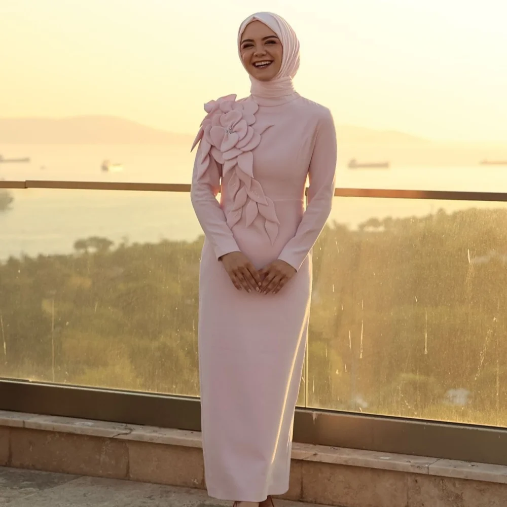 

Customized Modern Style Retro Jersey Handmade Flower Rhinestone Column High Collar Ankle Length Dresses Bespoke Occasion Dresses