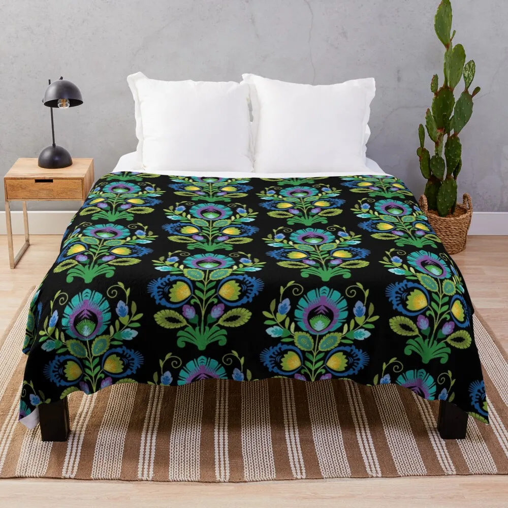 

Polish Folk Flowers Teal on Black Throw Blanket Hair Decorative Throw valentine gift ideas Giant Sofa Blankets